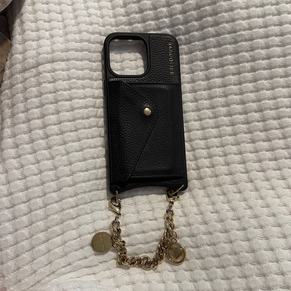 Stylish Black Bandolier Phone Case with Gold Chain and card holder for 15 ProMax